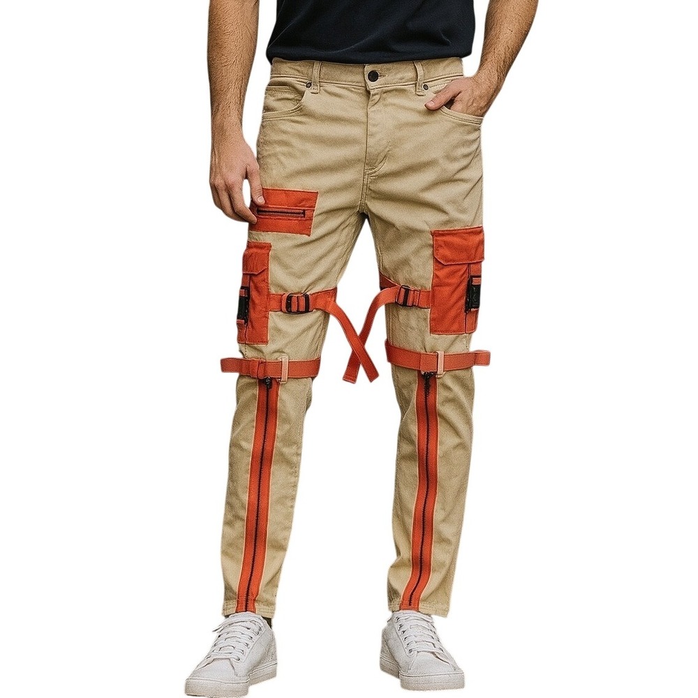 PREME Cargo Pants Zippers Straps Accents Beige Orange Men's Size 38‎ x 34 NWT